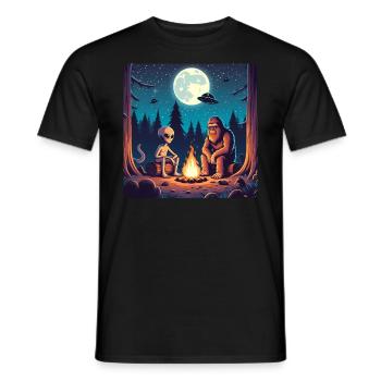 Bigfoot with alien at the campfire - Men's T-Shirt - black - Front - AI Model Male 178 light (178cm)