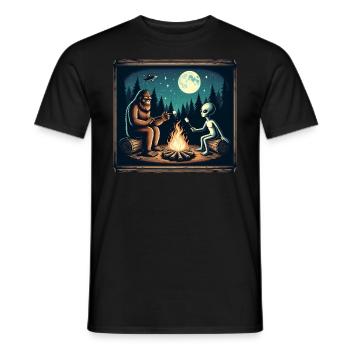 Bigfoot with alien at the campfire - Men's T-Shirt - black - Front - AI Model Male 178 light (178cm)
