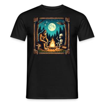 Bigfoot with alien at the campfire - Men's T-Shirt - black - Front - AI Model Male 178 light (178cm)