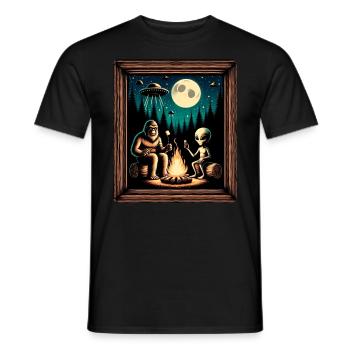 Bigfoot with alien at the campfire - Men's T-Shirt - black - Front - AI Model Male 178 light (178cm)