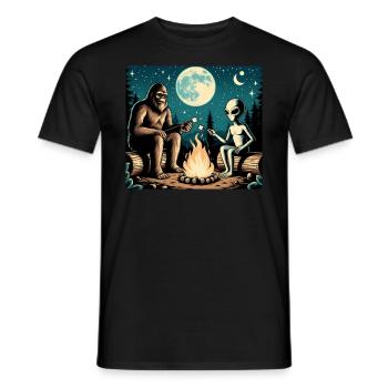 Bigfoot with alien at the campfire - Men's T-Shirt - black - Front - AI Model Male 178 light (178cm)