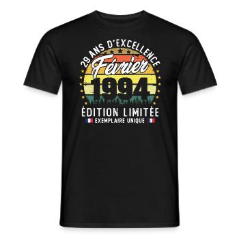 Vintage Cadeau Anniversaire 29 Ans Février 1994 - T-shirt homme - noir - Devant - AI Model Male 178 light (178cm)