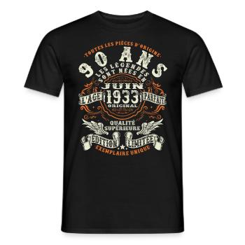 90 ans - juin 1933 - anniversaire 1933 - T-shirt homme - noir - Devant - AI Model Male 178 light (178cm)