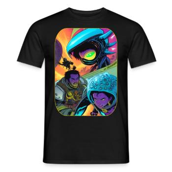 Dessin animé de science-fiction avec des extraterrestres et des astronautes - T-shirt homme - noir - Devant - AI Model Male 178 light (178cm)