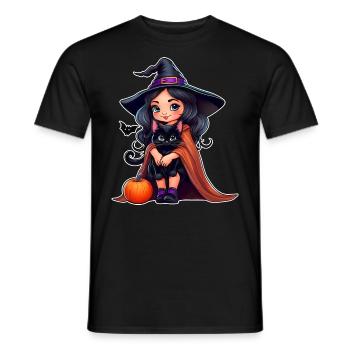 Cute witch with black cat and pumpkin - Men's T-Shirt - black - Front - AI Model Male 178 light (178cm)