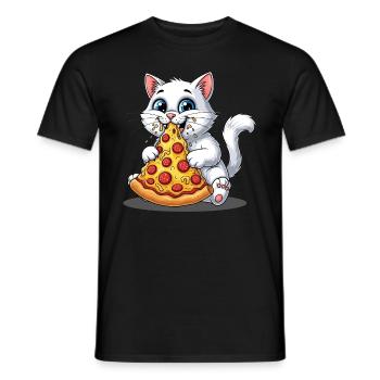 chat mignon mange une part de pizza - T-shirt homme - noir - Devant - AI Model Male 178 light (178cm)