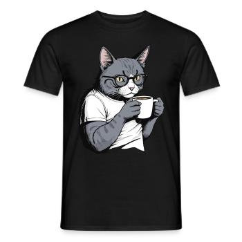 Coffee-drinking cat - Men's T-Shirt - black - Front - AI Model Male 178 light (178cm)