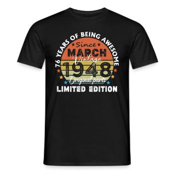 76 Jahre alt Baujahr 1948 Jahrgang März 1948 - Männer T-Shirt - Schwarz - Vorne - AI Model Male 178 light (178cm)