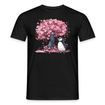Penguin Japanese Sakura Tree Kawaii - Men's T-Shirt - black - Front - AI Model Male 178 light (178cm)