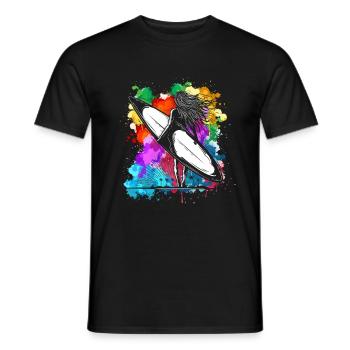 Colorful surfboard girl vacation water sports beach - Men's T-Shirt - black - Front - AI Model Male 178 light (178cm)