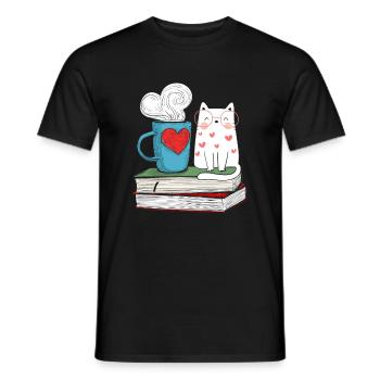 Niedliche Katze und Kaffee Buch Literatur Lesen - Männer T-Shirt - Schwarz - Vorne - AI Model Male 178 light (178cm)