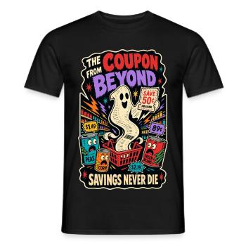 Coupon from Beyond – Sparfuchs Horror Humor - Männer T-Shirt - Schwarz - Vorne - AI Model Male 178 light (178cm)