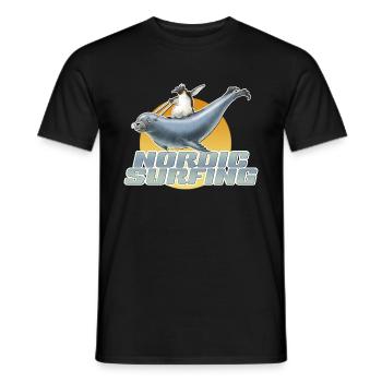 shirt motif penguin sea lion nordic surfing new - Men's T-Shirt - black - Front - AI Model Male 178 light (178cm)