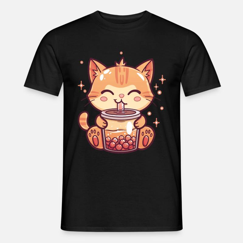 Katze trinkt Bubble Tea - Männer T-Shirt - Schwarz