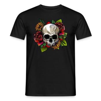 Skull and Roses Colorful Tattoo Illustration - Men's T-Shirt - black - Front - AI Model Male 178 light (178cm)