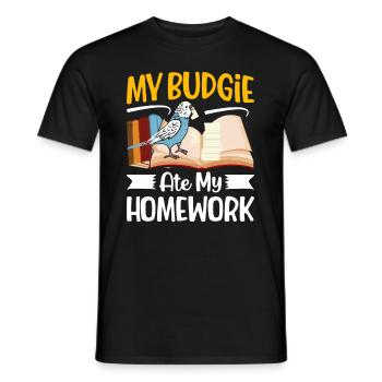 My budgie has eaten the homework - Men's T-Shirt - black - Front - AI Model Male 178 light (178cm)