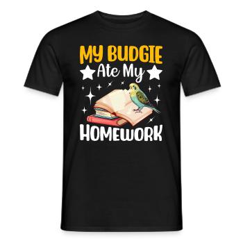 My budgie has eaten the homework - Men's T-Shirt - black - Front - AI Model Male 178 light (178cm)