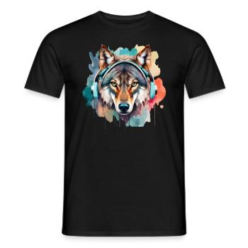Wolf Headphones Portrait Artwork | Animal motif wolf - Men's T-Shirt - black - Front - AI Model Male 178 light (178cm)