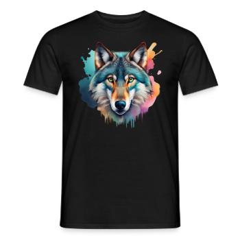 Wolf Portrait Colorful Artwork | Animal motif wolf - Men's T-Shirt - black - Front - AI Model Male 178 light (178cm)