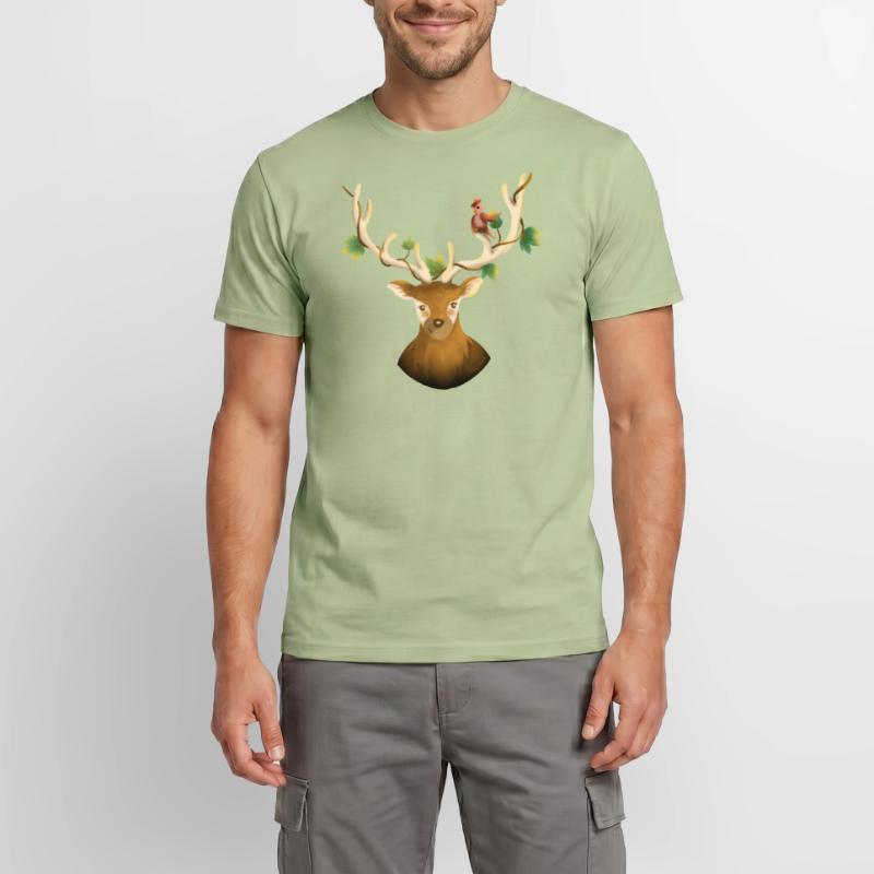 Hirsch oder Waldrentier mit Vogel und Efeu Männer T-Shirt