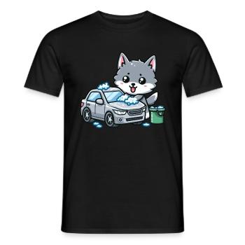 Cute wolf washes car - Men's T-Shirt - black - Front - AI Model Male 178 light (178cm)