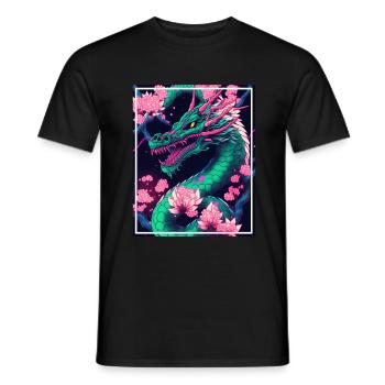Drachen Japan Kirschblüte Berge Neon Retro Fabel - Männer T-Shirt - Schwarz - Vorne - AI Model Male 178 light (178cm)