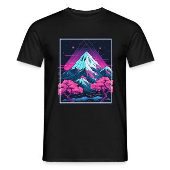 Geometrisch Japan Kirschblüte Berge Neon Fabel - Männer T-Shirt - Schwarz - Vorne - AI Model Male 178 light (178cm)
