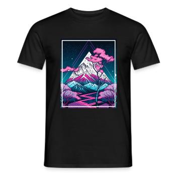 Geometrisch Japan Kirschblüte Berge Neon Fabel - Männer T-Shirt - Schwarz - Vorne - AI Model Male 178 light (178cm)