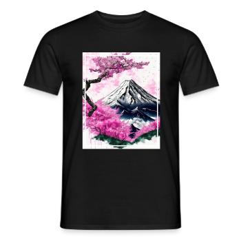 Fantasy Japan Cherry Blossom Mountains Neon Retro Fable - Men's T-Shirt - black - Front - AI Model Male 178 light (178cm)