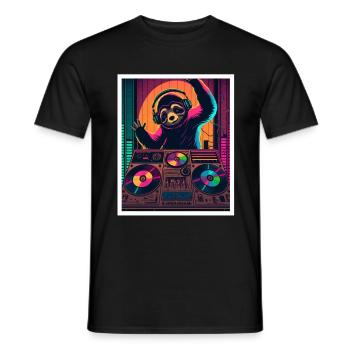 Sloth Morning Grouch DJ Music Retro Neon House - Men's T-Shirt - black - Front - AI Model Male 178 light (178cm)