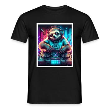 Sloth Morning Grouch DJ Music Retro Neon House - Men's T-Shirt - black - Front - AI Model Male 178 light (178cm)