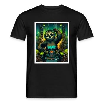 Sloth Morning Grouch DJ Music Retro Neon House - Men's T-Shirt - black - Front - AI Model Male 178 light (178cm)