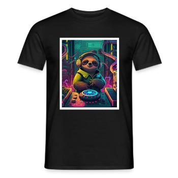 Sloth Morning Grouch DJ Music Retro Neon House - Men's T-Shirt - black - Front - AI Model Male 178 light (178cm)