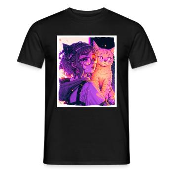 Anime Girl Katze Kätzchen Manga Ink Blume Neon - Männer T-Shirt - Schwarz - Vorne - AI Model Male 178 light (178cm)