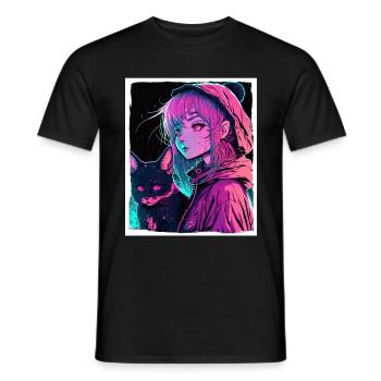 Anime Girl Katze Kätzchen Manga Ink Blume Neon - Männer T-Shirt - Schwarz - Vorne - AI Model Male 178 light (178cm)