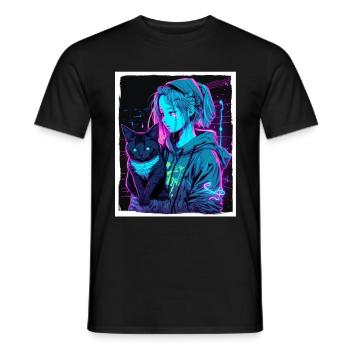 Anime Girl Katze Kätzchen Manga Ink Blume Neon - Männer T-Shirt - Schwarz - Vorne - AI Model Male 178 light (178cm)