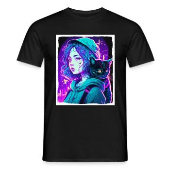 Anime Girl Katze Kätzchen Manga Ink Blume Neon - Männer T-Shirt - Schwarz - Vorne - AI Model Male 178 light (178cm)