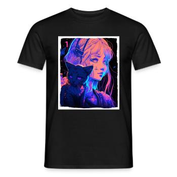 Anime Girl Katze Kätzchen Manga Ink Blume Neon - Männer T-Shirt - Schwarz - Vorne - AI Model Male 178 light (178cm)
