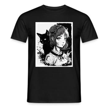 Anime Girl Katze Kätzchen Manga Ink Blume Neon - Männer T-Shirt - Schwarz - Vorne - AI Model Male 178 light (178cm)