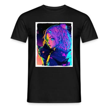 Anime Girl Katze Kätzchen Manga Ink Blume Neon - Männer T-Shirt - Schwarz - Vorne - AI Model Male 178 light (178cm)