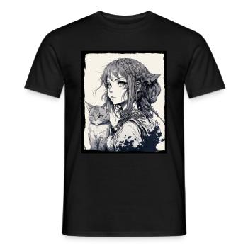 Anime Girl Katze Kätzchen Manga Ink Blume Neon - Männer T-Shirt - Schwarz - Vorne - AI Model Male 178 light (178cm)