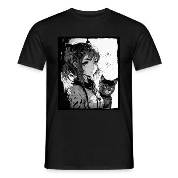 Anime Girl Katze Kätzchen Manga Ink Blume Neon - Männer T-Shirt - Schwarz - Vorne - AI Model Male 178 light (178cm)