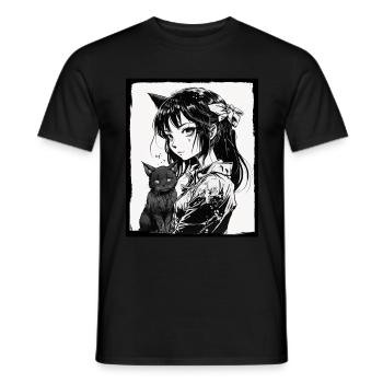 Anime Girl Katze Kätzchen Manga Ink Blume Neon - Männer T-Shirt - Schwarz - Vorne - AI Model Male 178 light (178cm)