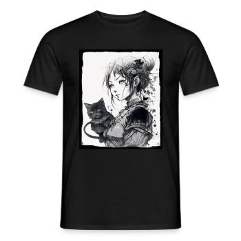 Anime Girl Katze Kätzchen Manga Ink Blume Neon - Männer T-Shirt - Schwarz - Vorne - AI Model Male 178 light (178cm)