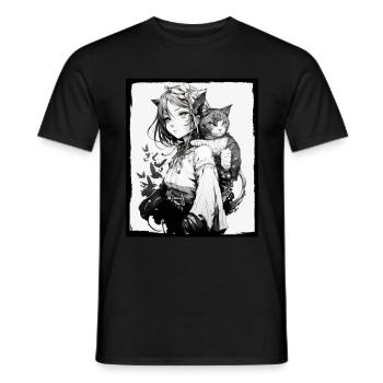 Anime Girl Katze Kätzchen Manga Ink Blume Neon - Männer T-Shirt - Schwarz - Vorne - AI Model Male 178 light (178cm)