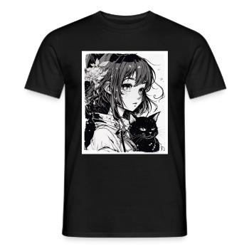 Anime Girl Katze Kätzchen Manga Ink Blume Neon - Männer T-Shirt - Schwarz - Vorne - AI Model Male 178 light (178cm)