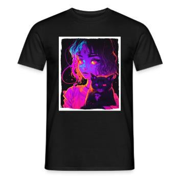 Anime Girl Katze Kätzchen Manga Ink Blume Neon - Männer T-Shirt - Schwarz - Vorne - AI Model Male 178 light (178cm)
