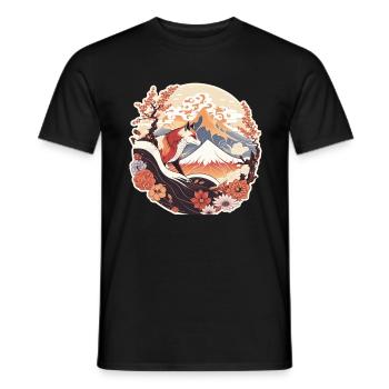Fox Japan Cherry Blossom Flower Japanese Retro - Men's T-Shirt - black - Front - AI Model Male 178 light (178cm)