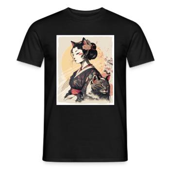 Japan Kirschblüte Katze Japanisch Geisha Abstrakt - Männer T-Shirt - Schwarz - Vorne - AI Model Male 178 light (178cm)
