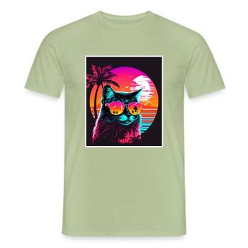 Vaporwave Retro Cat Cat Animal Motif Plage Neon - T-shirt homme - vert sauge - Devant - AI Model Male 178 light (178cm)